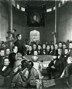 Meeting Of The Michigan State Agricultural Society Reading The List Of Premiums At The First State Fair, Detroit 1849, (painting) — Frederick E Cohen