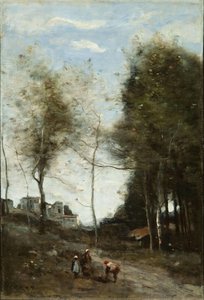 Peasants Stopping At The Edge Of A Wooded Road Near A Village — Jean-baptiste-camille Corot