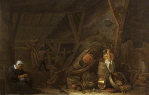 A Barn With A Still Life Of Kitchen Utensils And A Sleeping Cook — Herman Saftleven The Younger