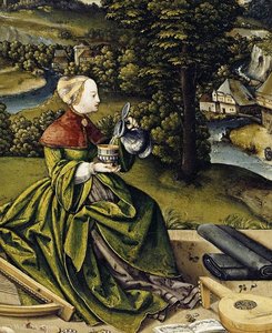 Painted tabletop for Erasmus Stedelin, detail woman with musical instruments