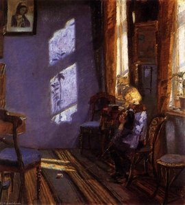 Sunlight In The Blue Room. Helga Ancher Knitting In Her Grandmother's Room — Anna Kirstine Ancher, Impressionism