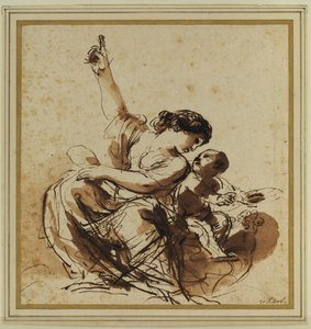 Young Mother, Seated And Pointing, With Child — Guercino