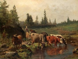 Landscape With Cattle Watering — Anders Monsen Askevold
