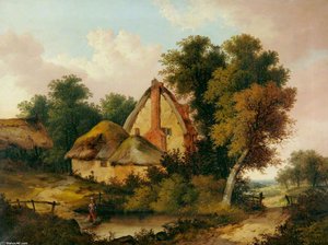 Landscape With A Thatched Cottage And A Pond In Foreground — John Berney Ladbrooke