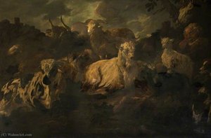 Herdsman Sleeping Amidst His Sheep, Goats And Cattle — Philipp Peter Roos