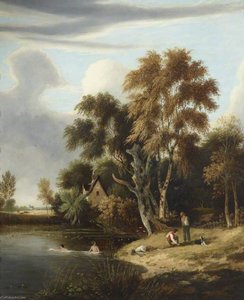 A Cottage By A Pond, With Figures Swimming And On The Bank — Samuel David Colkett