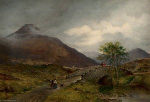 Figures By A Bridge In A Highland Landscape — John Milne Donald