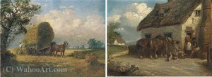 Outside the village inn; and haymaking