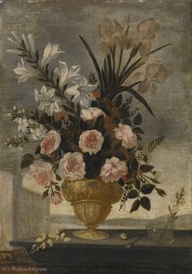 Still Life Of Iris, Lilies, Roses And Carnations In Elaborate Urn — Pedro De Camprobín