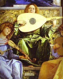 Madonna And Child, Three Musical Angels, And Ss. Francis, John The Baptist, Job, Dominic, Sebastian — Giovanni Bellini, Renaissance