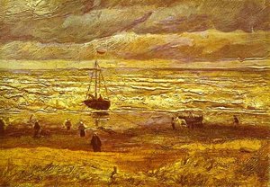 Beach With Figures And Sea With A Ship — Vincent Willem Van Gogh, Post-impressionism