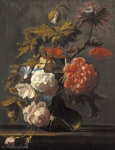 Tulips, Roses, Peonies, Poppies And Other Flowers In A Glass Vase On A Ledge — Cornelis Kick