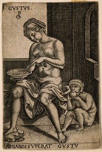 A Woman Eating From A Plate And A Monkey Eating Fruit — Georg Pencz