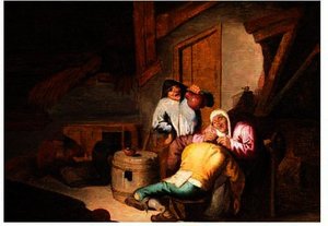 An Interior With A Peasants Drinking — Adriaen Van Ostade