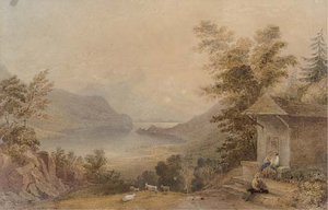 Figures Conversing In A Mountainous Lake Landscape — Anthony Vandyke Copley Fielding
