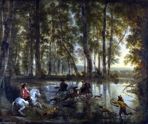 A Stag Hunt In A Forest — Jan Hackaert