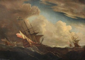 English Ships At Sea Beating To Windward In A Gale — Willem Van De Velde The Elder, Baroque