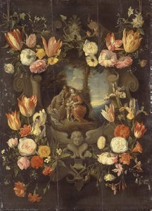 Holy Family Framed With Flowers — Jan The Younger Brueghel, Baroque