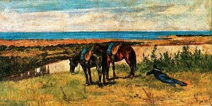 Soldier And Two Horses On The Beach — Giovanni Fattori