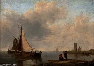 Barges In A Calm Off The Dutch Coast — Johannes Hermanus Koekkoek