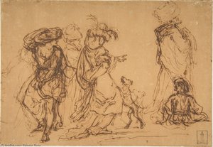 Five Figures In Fantastic Costumes With Two Dogs — Salvator Rosa, Baroque