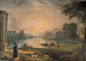 River Scene With Buildings And Bridge — George Barret The Elder