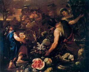 Flowers And Fruits With Bacchus, Satyrs And Other Figures — Luca Giordano