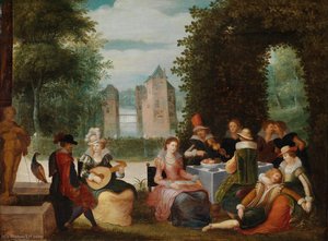Elegant society playing in a park, in the background a river