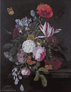 Still Life With Peonies, Roses, Irises, Poppies And A Tulip With Butterflies, A Dragonfly And Other Insects On A Ledge — Cornelis Kick