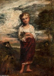 Girl Standing In A Landscape Holding A Newborn Lamb — Thomas Barker