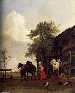 Figures With Horses By A Stable — Paulus Potter, Romantic Landscape Painting