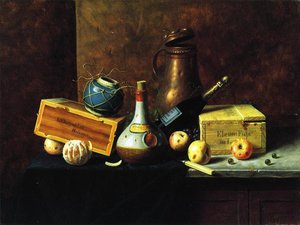 Still Life (also Known As Copper Tankard, Bos, Apples, Wine Bottles, Ginger Pot, Cigar Box And Peeled Orange) — William Michael Harnett, Realism