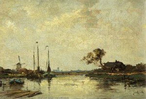 River With Barges And A Windmill — Jan Van Der Linde