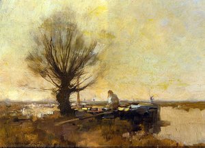 A Peasant In A Moored Barge — Cornelis Vreedenburgh