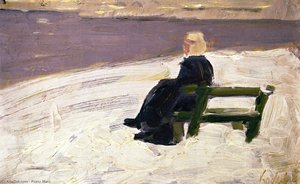 Woman In A Winter Landscape On A Green Bench — Franz Marc