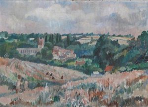 A View Of Cornfields With A Village In The Distance — Alan Francis Clutton Brock