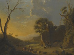 An Extensive Italianate Landscape With Travellers And Goat Herders Resting In The Foreground — Herman Van Swanevelt