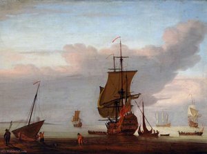 Shore Scene With Figures, Man O' War And Rowing Boats — Peter Monamy