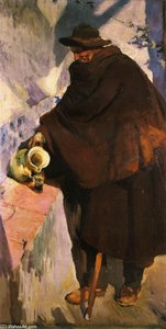Elderly Castellano Pouring Wine — Joaquín Sorolla Y Bastida