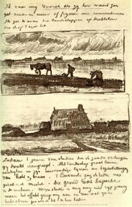 Plowman With Stooping Woman, And A Little Farmhouse With Piles Of Peat — Vincent Willem Van Gogh