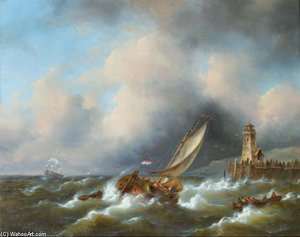 Sailing In A Stiff Breeze By A Coast — Govert Van Emmerik