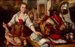 A Maid In A Kitchen And Christ With Martha And Mary In The Background — Joachim Beuckelaer