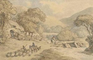 A Shepherd With His Flock Before A Cottage, Beside A River — Thomas Rowlandson