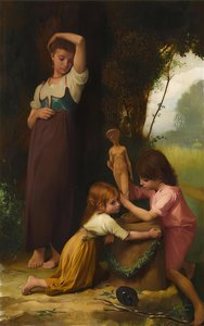 Children Decorating Garden Statuary With Garland