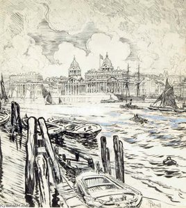 A View Of A City From The River — Joseph Pennell