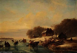 Skating In A Winter Landscape At Dusk — Nicolaas Johannes Roosenboom, Dutch Golden Age