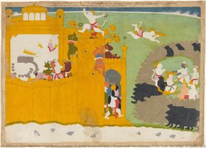 The Monkey Leader Angada Steals Ravana's Crown From His Fortress: Folio From The Siege Of Lanka Series — Manaku, Pahari Painting