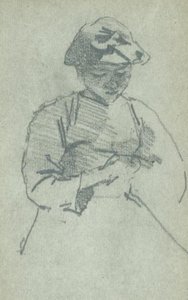 Study Of A Seated Girl Wearing A Hat, Looking Down — Sir George Clausen