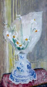 Pheasant's Eye Narcissus In A Blue And White Vase — Margaret Thomas