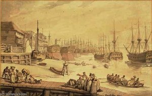 The West India Docks, Blackwall, With Warships Lying On The Stocks — Thomas Rowlandson